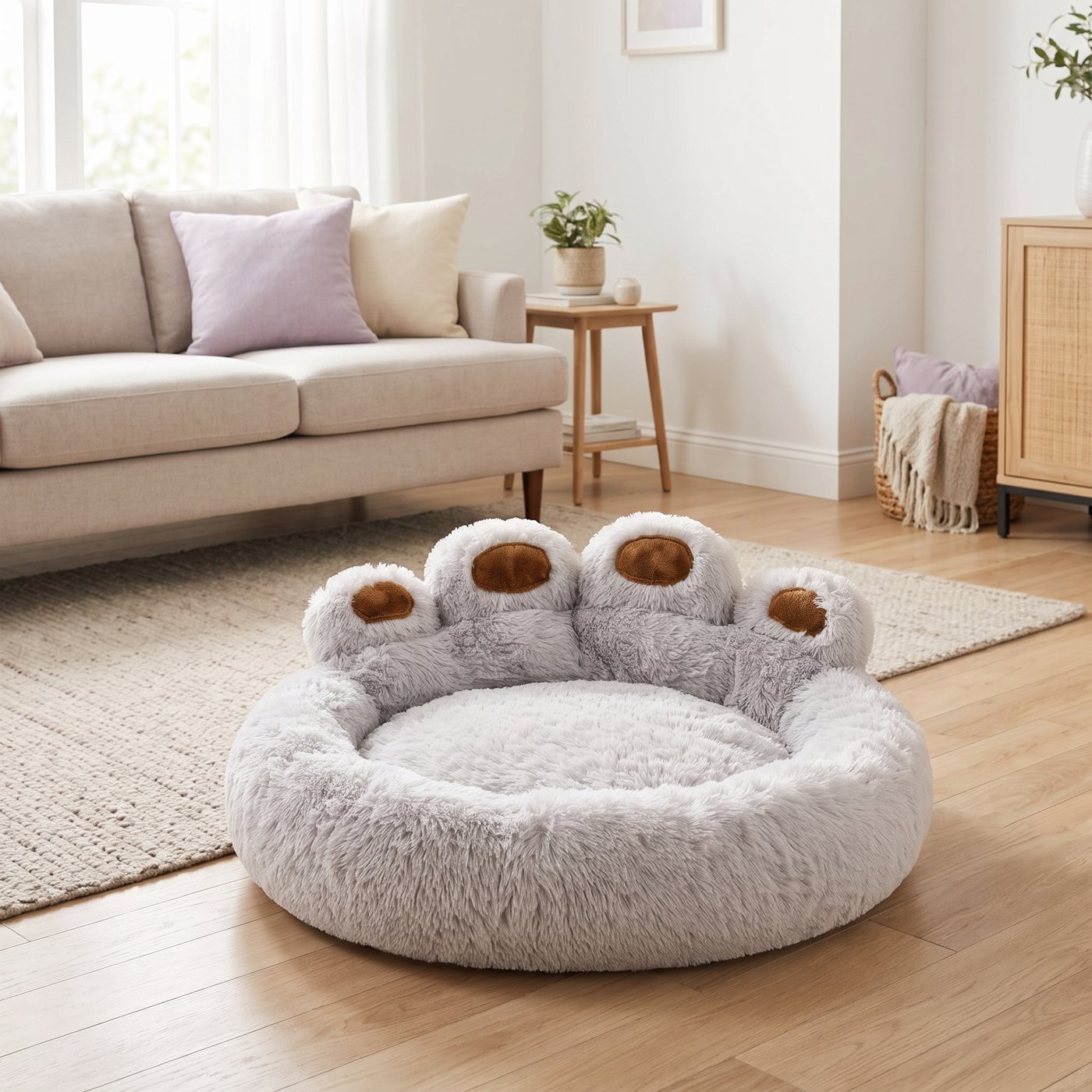 The paw bed in a bright living room