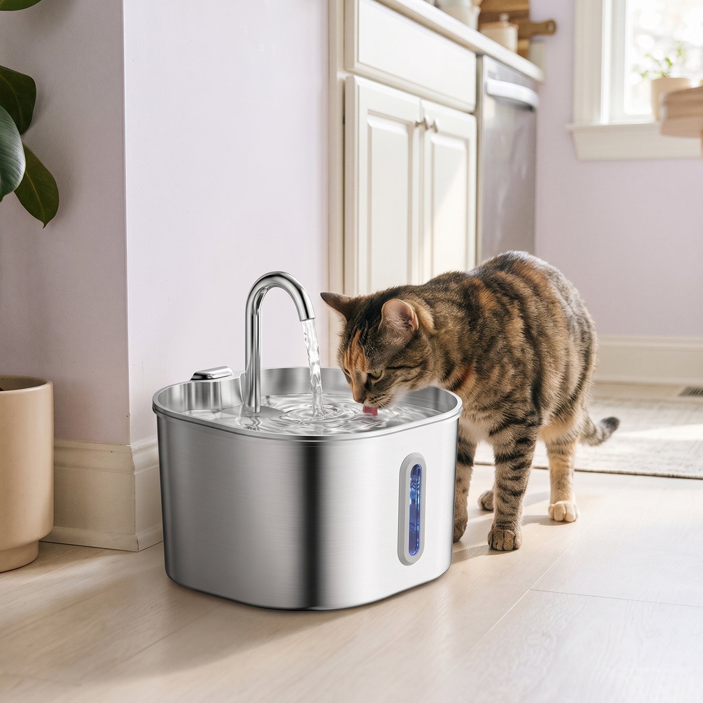 A cat drinking from the fountain