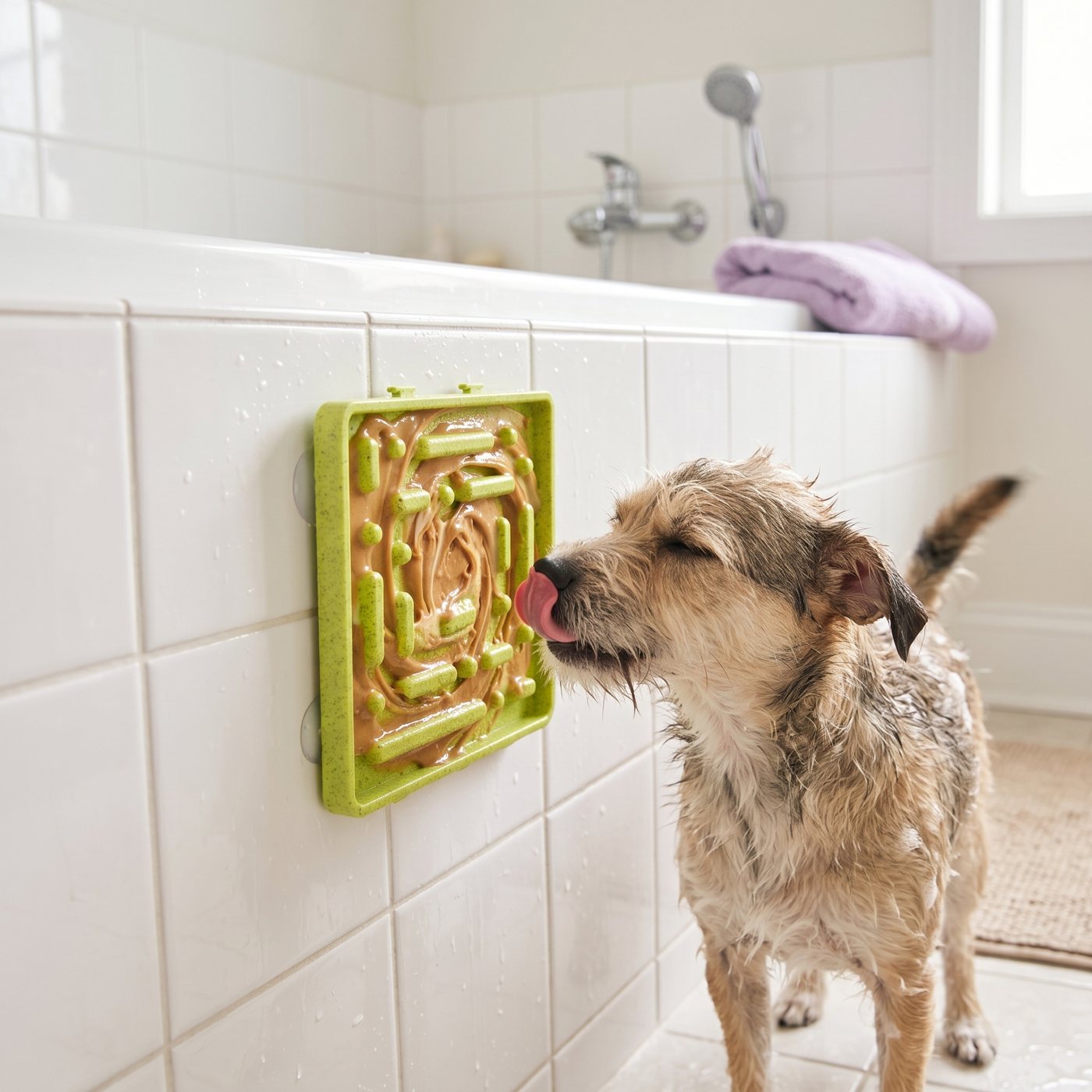 A dog licking the mat on a tile wall
