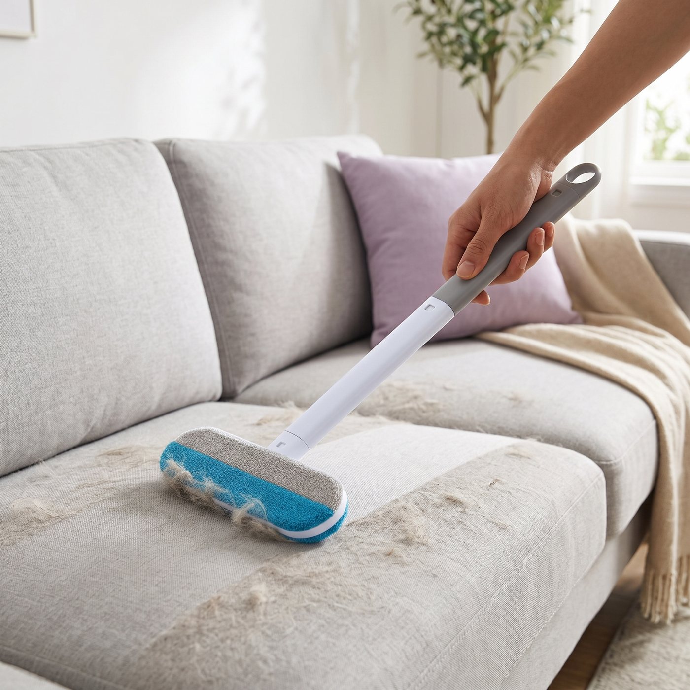 The fur remover on a grey couch