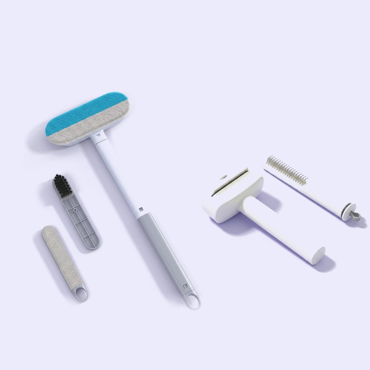 The long-handled fur remover set next to the brush and comb